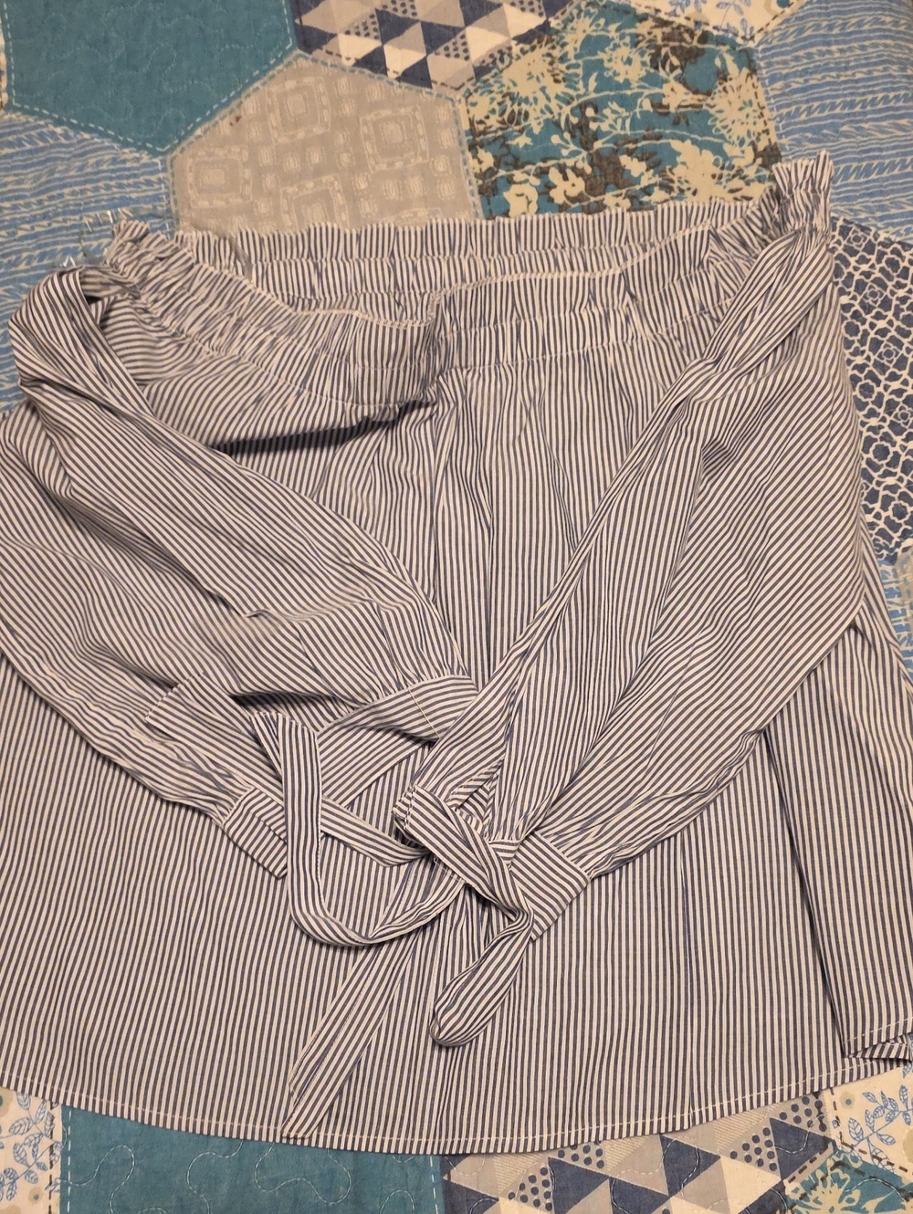 American Eagle Outfitters Blue and White Striped Off-Shoulder Top